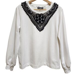 Karl Lagerfeld Sweatshirt Womens M White Black Modal Embroidered Floral Long Slv